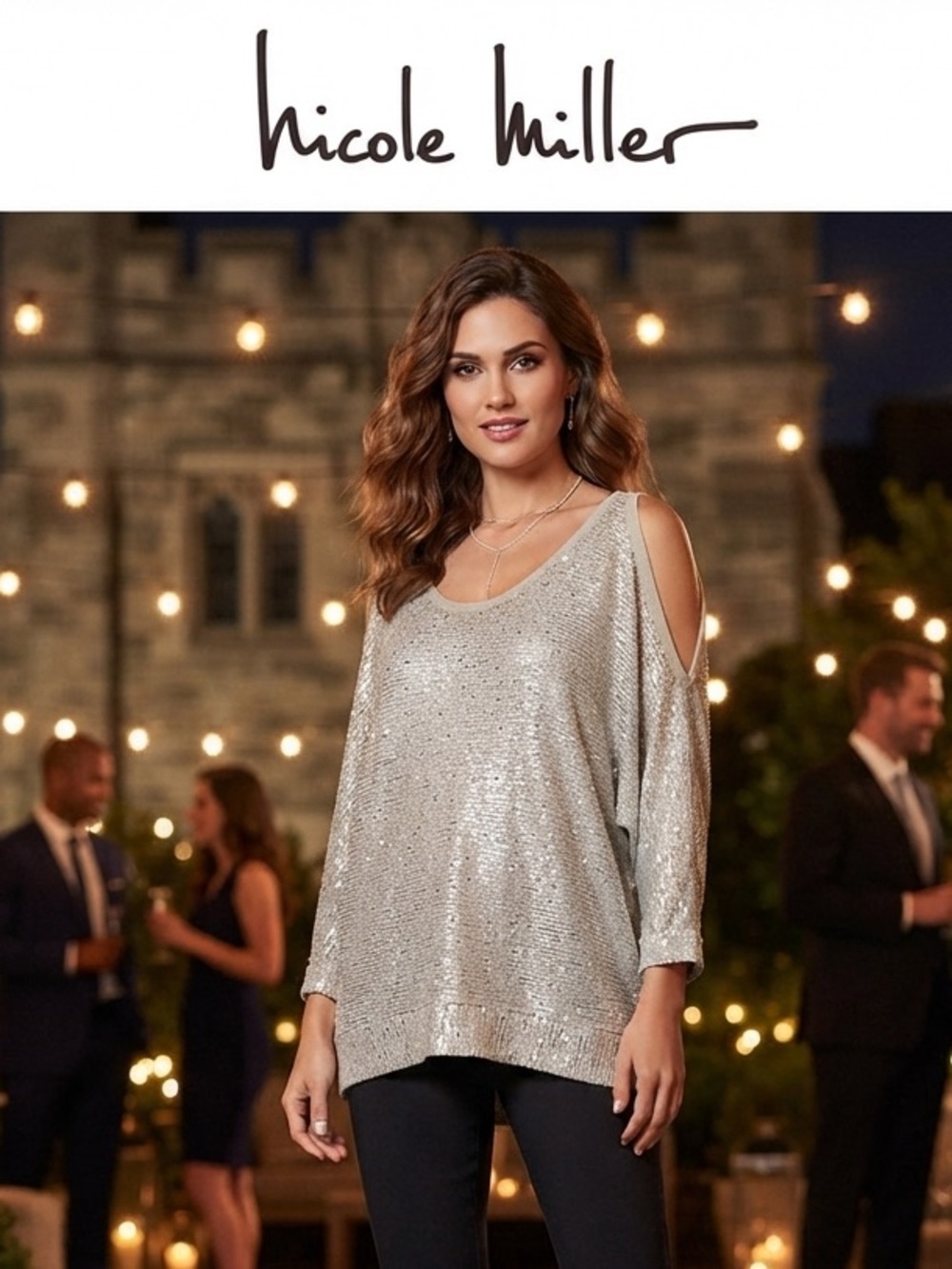 Nicole Silver Sequin Cold-Shoulder Sparkling Sweater